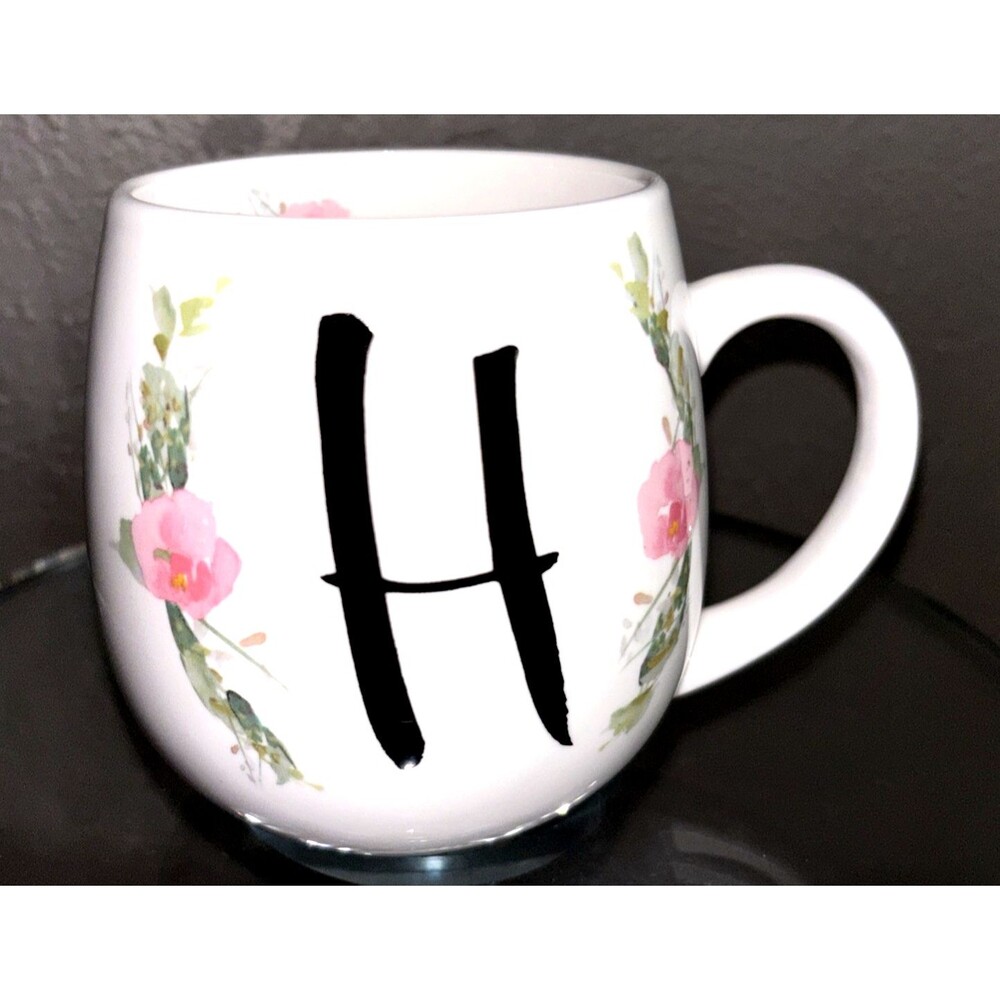 Coffee Mug Cup Letter Initial H Prima Design White Black Pink Flowers Monogram